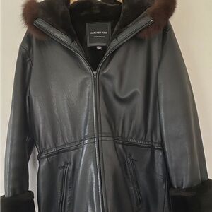 Andrew Marc New York Black Leather faux  Fox Fur Hooded Jacket Size XS!